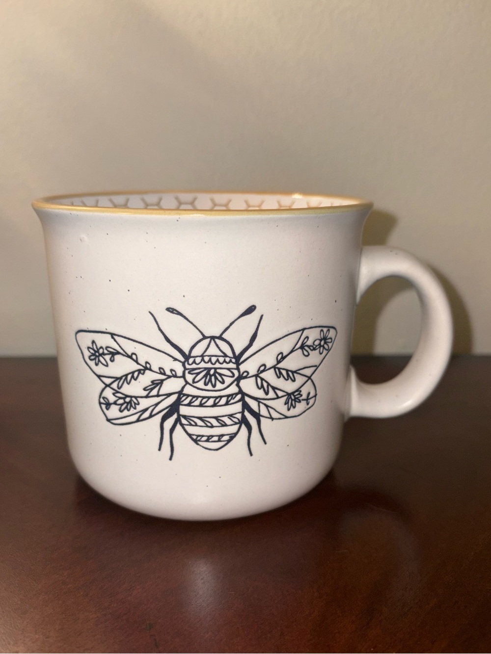 White Ceramic Bee Mug with Yellow Rim